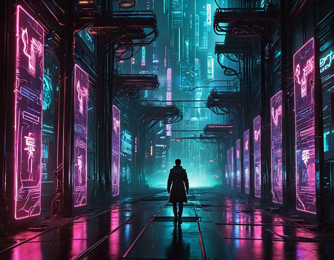 A visually striking scene depicting a digital landscape where a person in a futuristic setting is skillfully navigating through barriers labeled 'Censorship' and 'Restrictions' using a glowing key-shaped device. Incorporate elements of technology like code streams and locked gates transforming into open pathways, symbolizing freedom of access and security. Use a blend of dark and neon colors to enhance the contrast between obstacles and solutions. cyberpunk. vibrant colors. 3D.