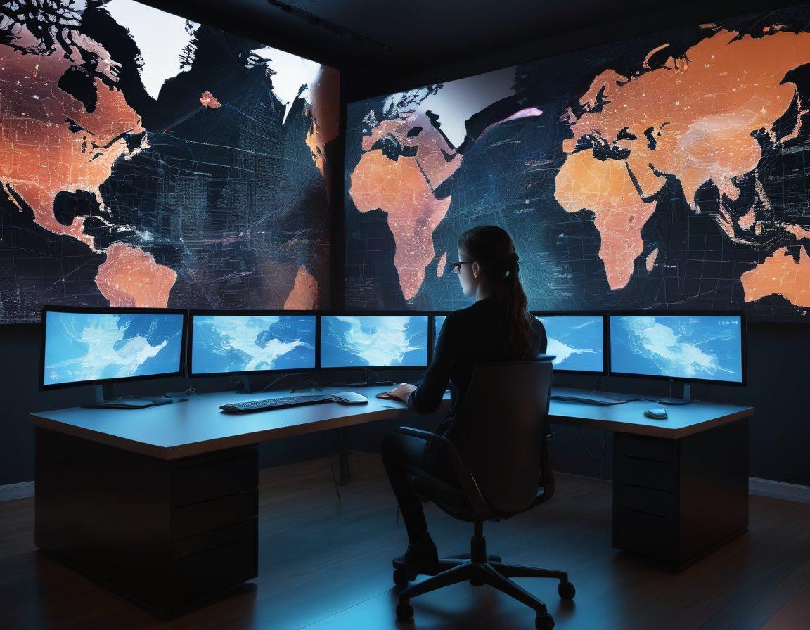 A person sitting at a sleek modern desk, surrounded by digital screens displaying encrypted code and world maps, symbolizing global internet connectivity. In the background, there are chains breaking, representing freedom and security on the web. Soft ambient light illuminates the room, creating a tech-savvy atmosphere. The scene conveys empowerment and exploration in a digital landscape. super-realistic. vibrant colors. 3D.